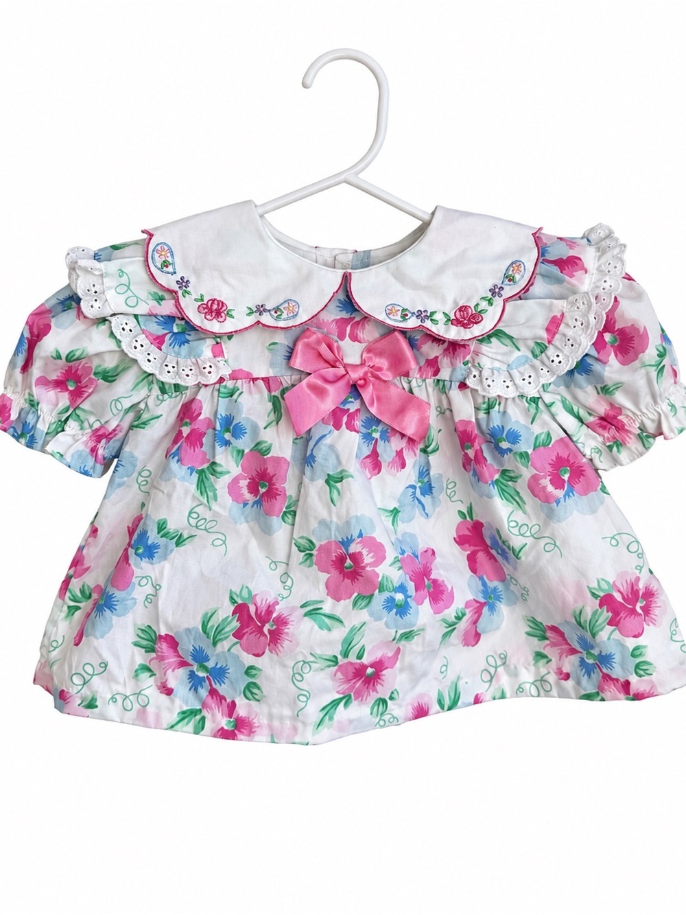 Vintage 12M Floral Baby Dress Peter Pan Collar Embroidered Bow Cottagecore